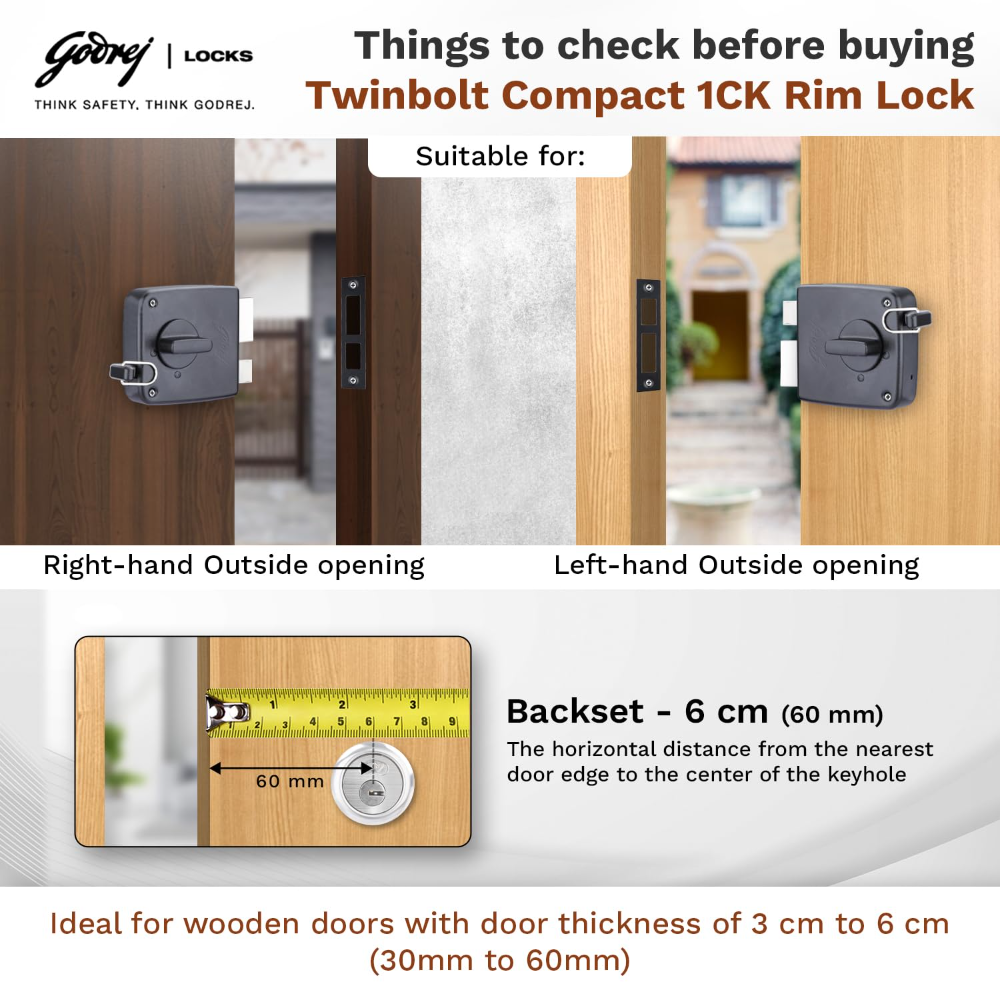 Godrej Rim Lock I Twin Bolt Compact 1Ck Latch Bolt I for Outside Opening Wooden Doors I Left or Right Handed Doors | Home Main Door | 3 Keys I Textured Black Finish |1 Year Warranty